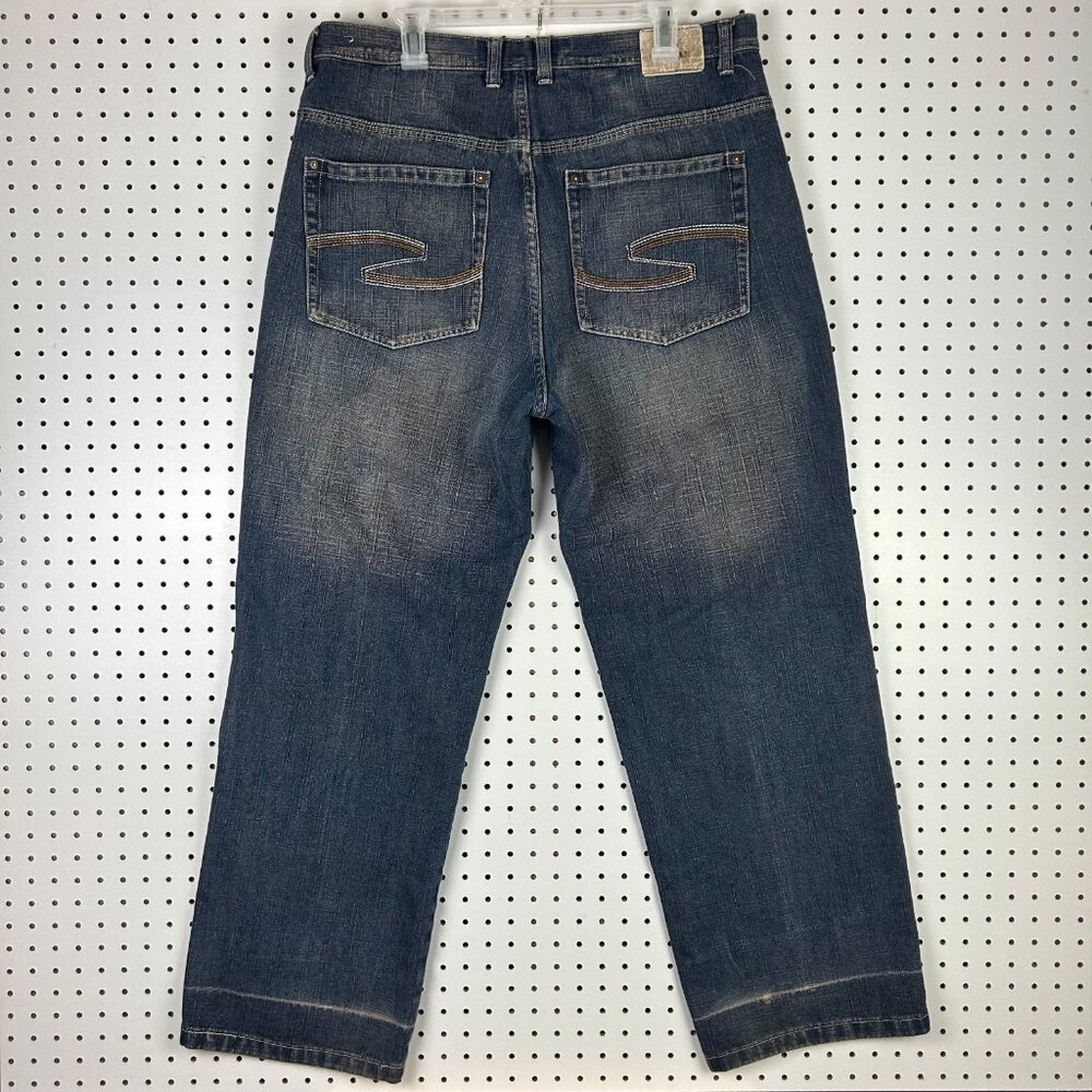 Koman Y2K Grunge Blue Jeans 38x32 Baggy Wide Leg Dark‎ Wash Stitched Skater Punk